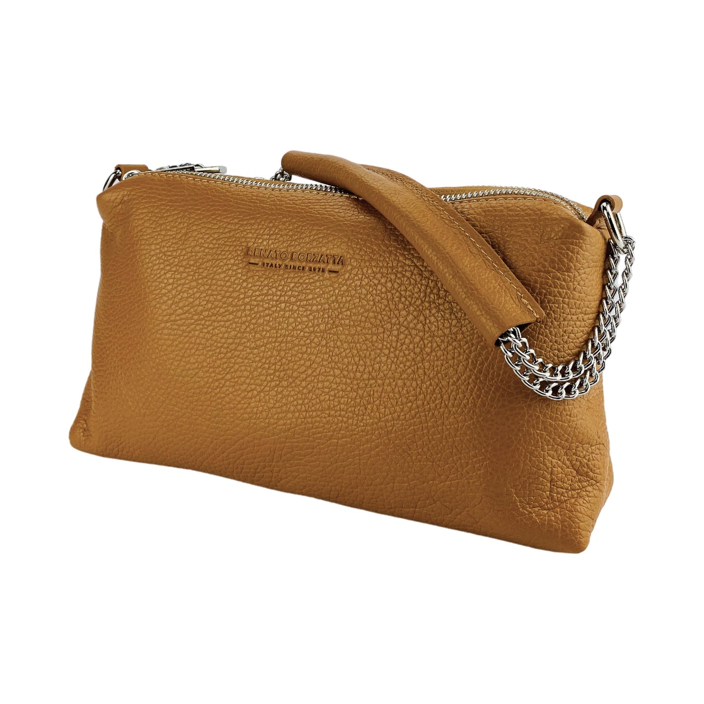 RB1025S | Borsa Donna a Mano con doppia lampo in Vera Pelle Made in Italy. Tracolla in pelle regolabile. Accessori Nickel Lucido - Colore Cognac - Dimensioni: cm 26 x 14 x 9-2