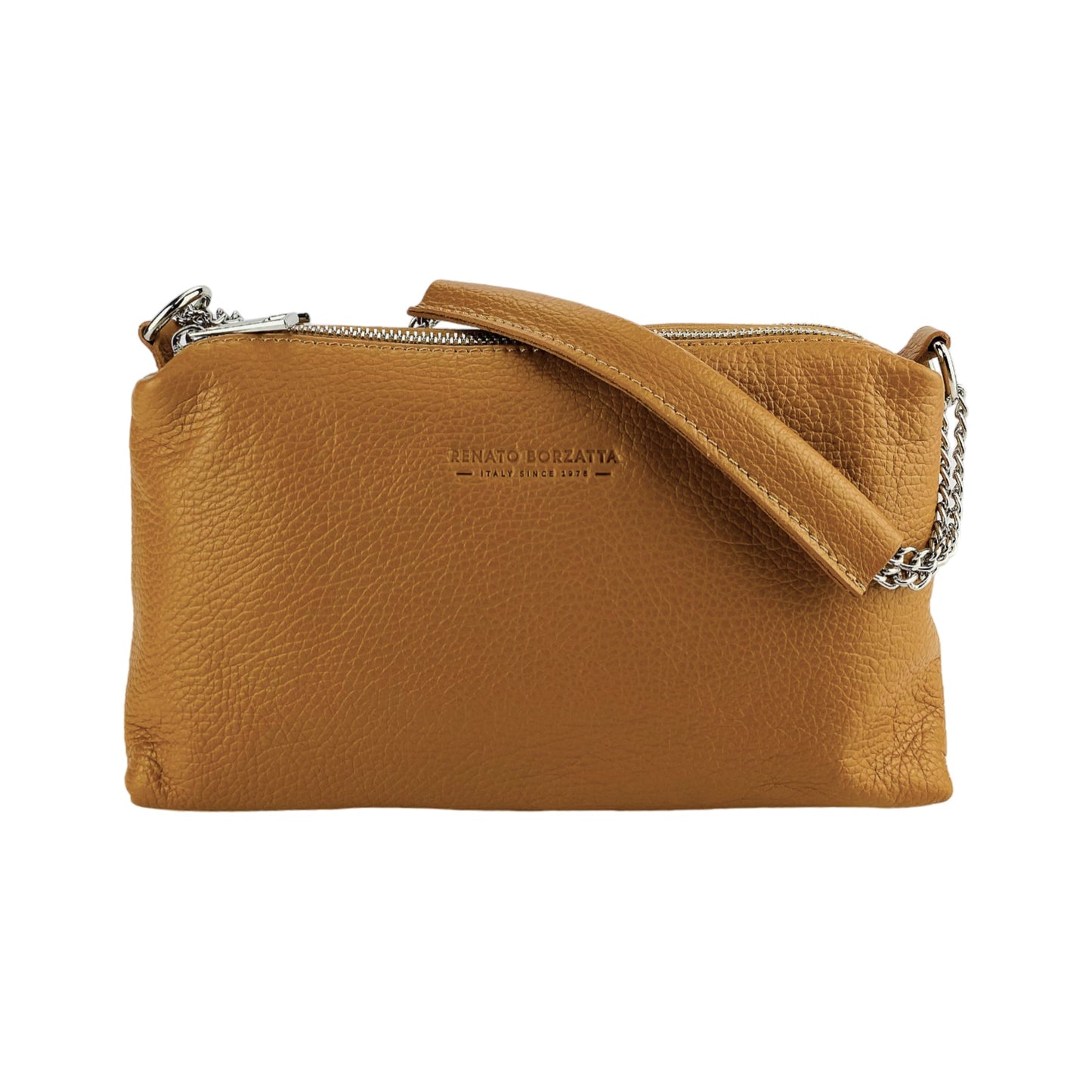 RB1025S | Borsa Donna a Mano con doppia lampo in Vera Pelle Made in Italy. Tracolla in pelle regolabile. Accessori Nickel Lucido - Colore Cognac - Dimensioni: cm 26 x 14 x 9-3